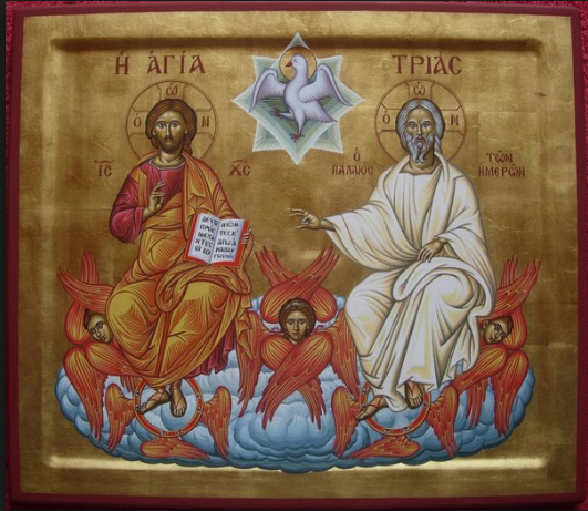 Agia triada sainte trinite jesus christ avec le livre ouvert assis a la droite de dieu sur les cherubins
